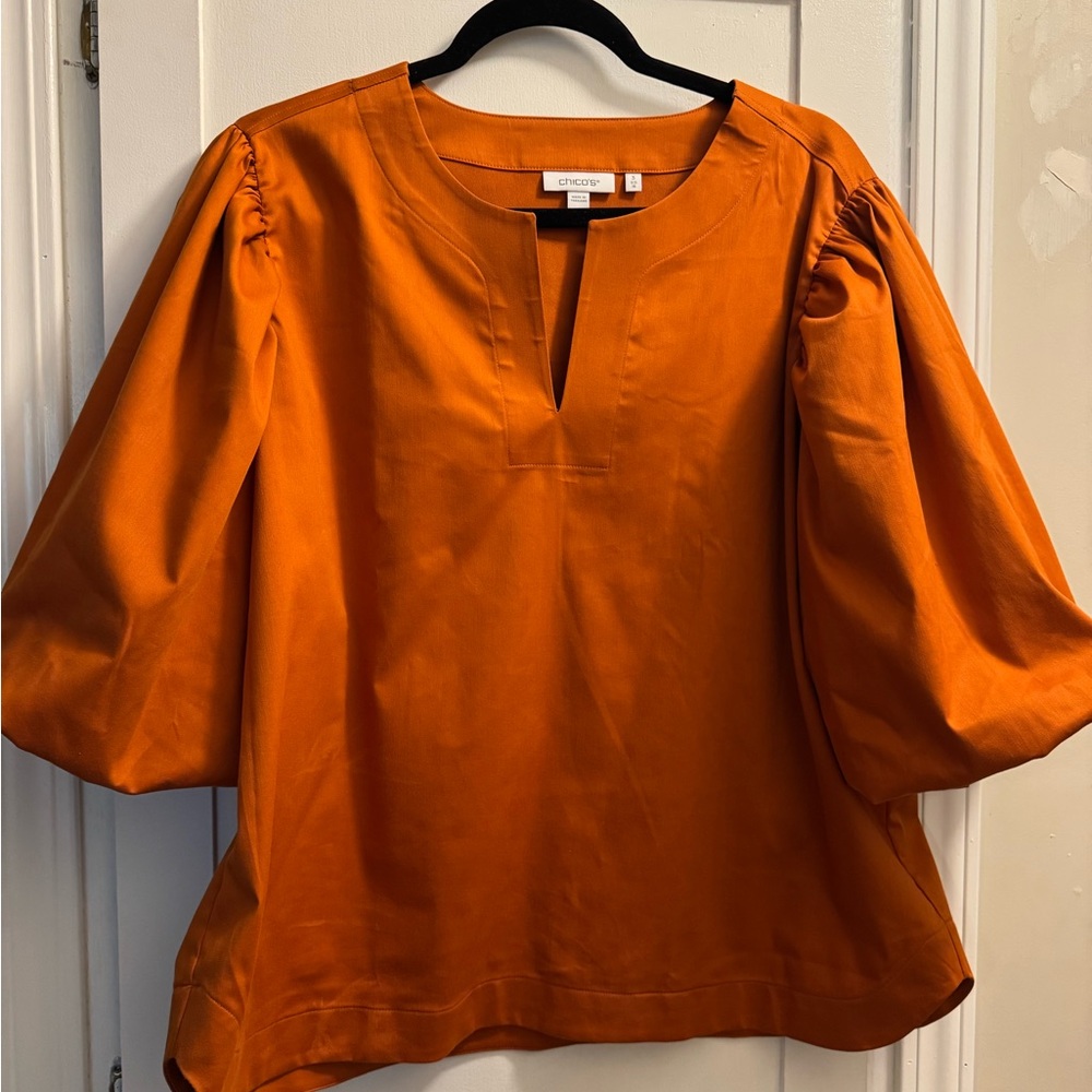 Chico's Bold Orange Blouse with Gathered Sleeves